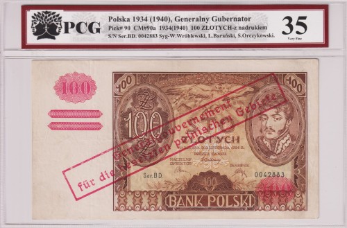 Polska 1934 (1940)  100 złotych CM 90a Pick 90 PCG 35  z nadrukiem  A.jpg