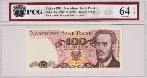 Polska PRL 100 Złotych CM-151 P-143c 1979 PCG 64 A.jpg